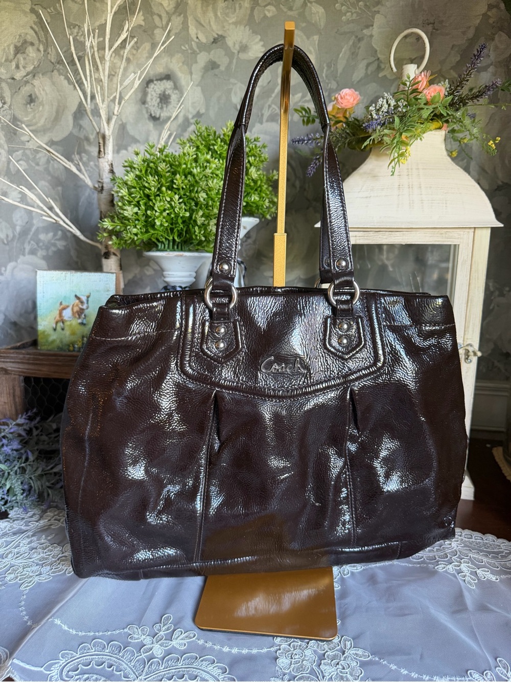 Coach Ashley Mahogany Brown Patent Leather Satchel Shoulder Bag Tote Purse F2046